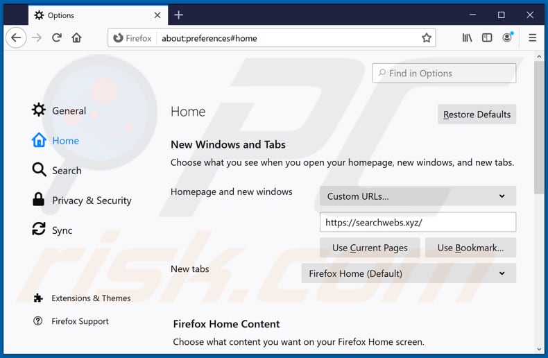 Removing searchwebs.xyz from Mozilla Firefox homepage