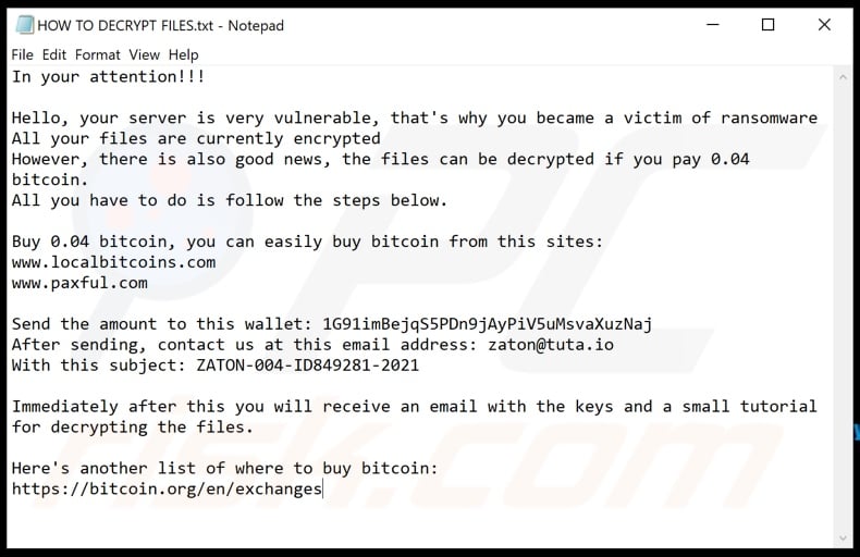 ZaToN ransomware text file (HOW TO DECRYPT FILES.txt)