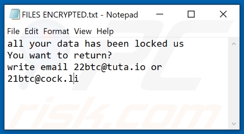 22btc ransomware text note (FILES ENCRYPTED.txt)