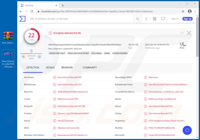 All Best Logistics spam campaign distributed malicious file detections (New_Shipment_order#345-4252.exe)