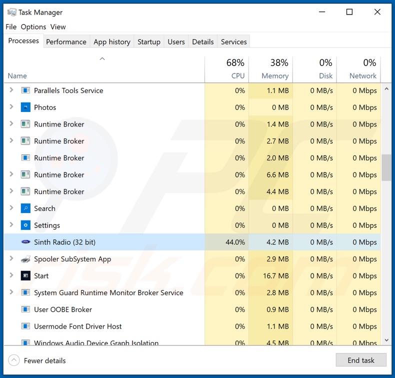 All Best Logistics email virus malicious process on Task Manager (Sinth Radio - process name)