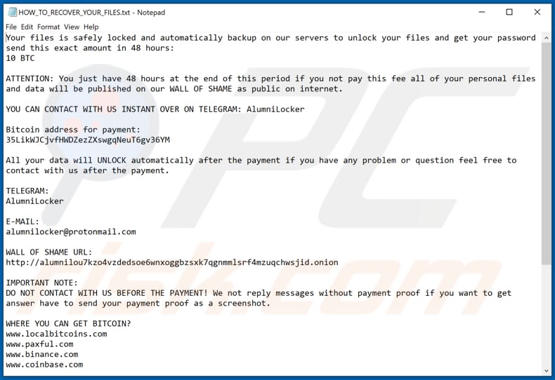 AlumniLocker ransomware ransom note (HOW_TO_RECOVER_YOUR_FILES.txt)