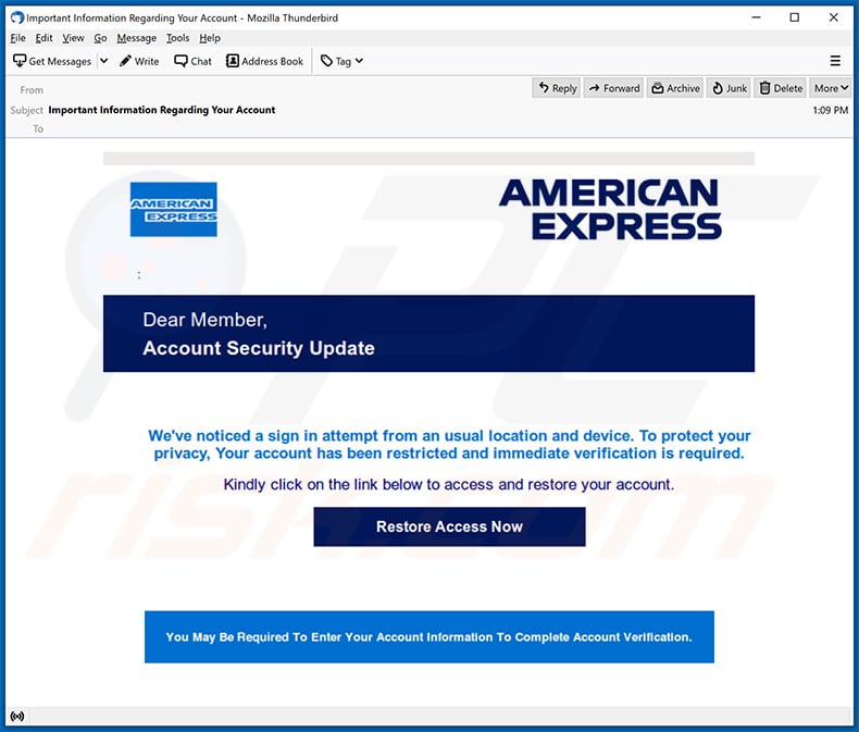 American Express-themed spam email promoting a phishing website (2021-02-23)