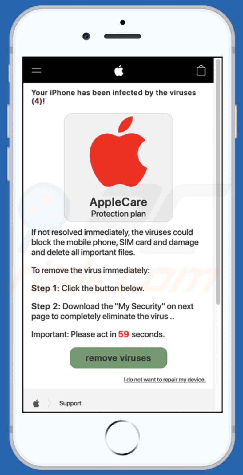 Mobile variant of AppleCare Protection Plan pop-up scam delivered by securitycheck.network