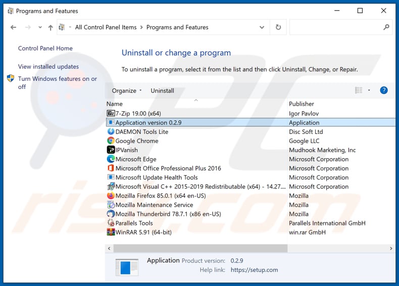 Application adware uninstall via Control Panel