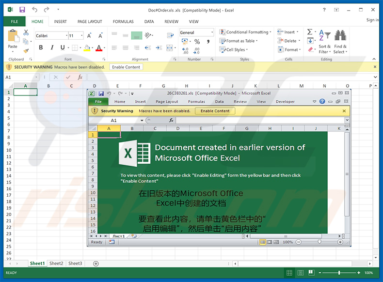 Ave Maria trojan-distributing malicious MS Excel document