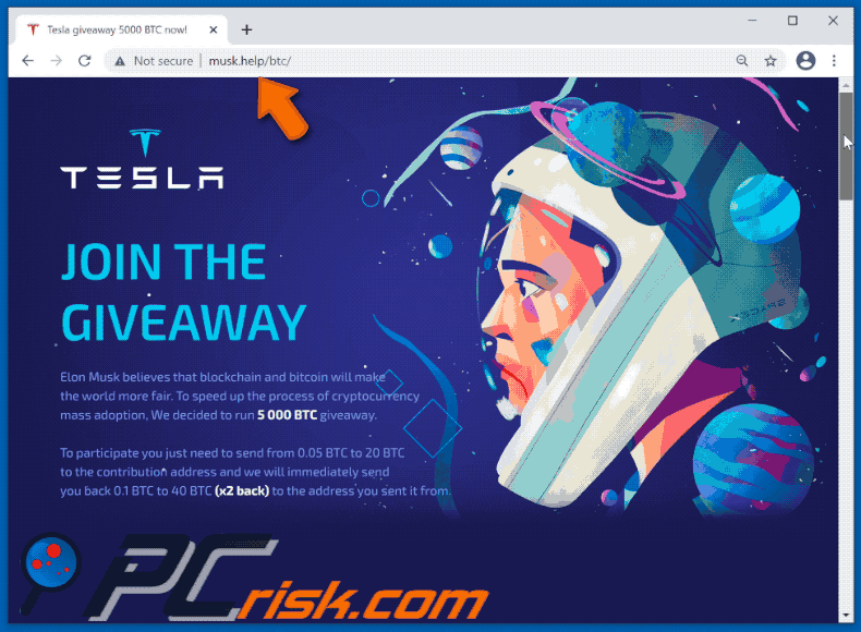 Tesla-themed Bitcoin giveaway scam (musk[.]help)