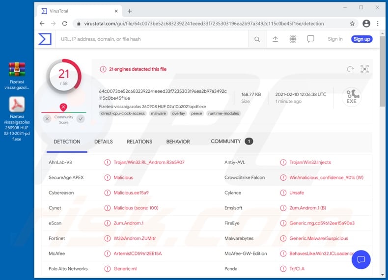 Detections of the malicious attachment distributed through Budapest Bank spam campaign (Fizetesi visszaigazolas 260908 HUF 02-10-2021-pdf.exe)