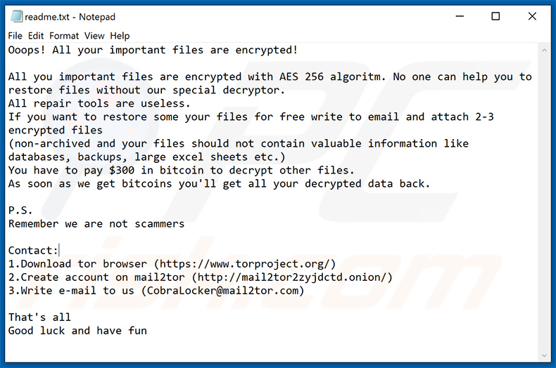 Cobra Locker ransomware ransom note (readme.txt)
