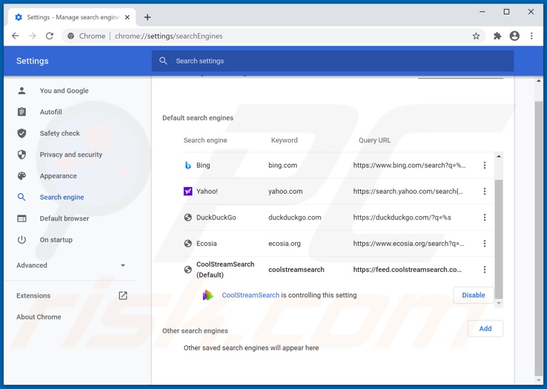 Removing coolstreamsearch.com from Google Chrome default search engine