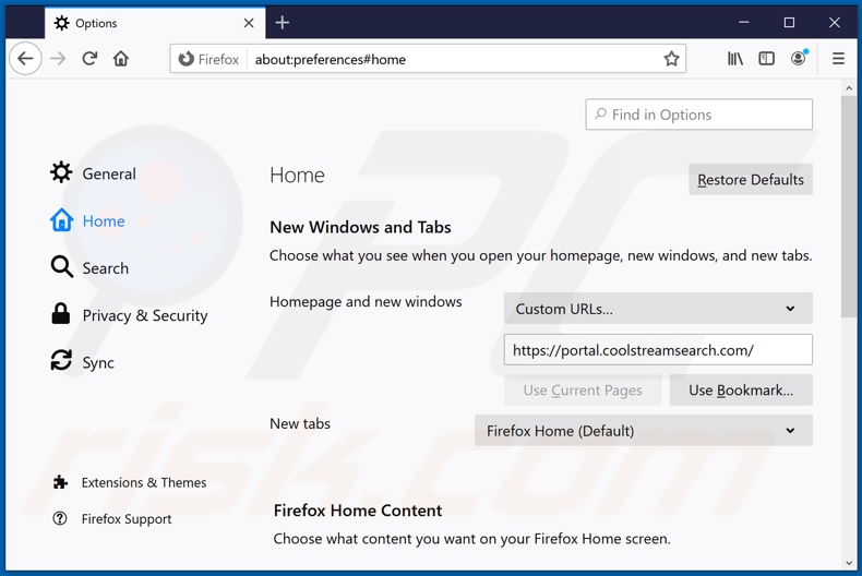 Removing coolstreamsearch.com from Mozilla Firefox homepage