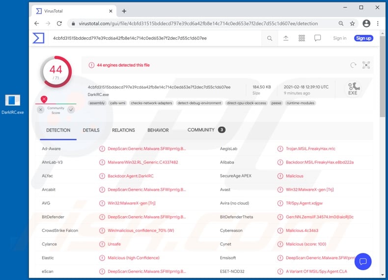 DarkIRC malware detections on VirusTotal