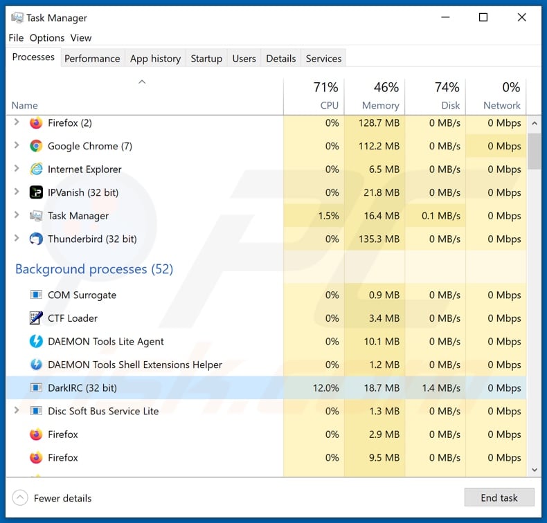 DarkIRC malware process on Task Manager (DarkIRC process name)