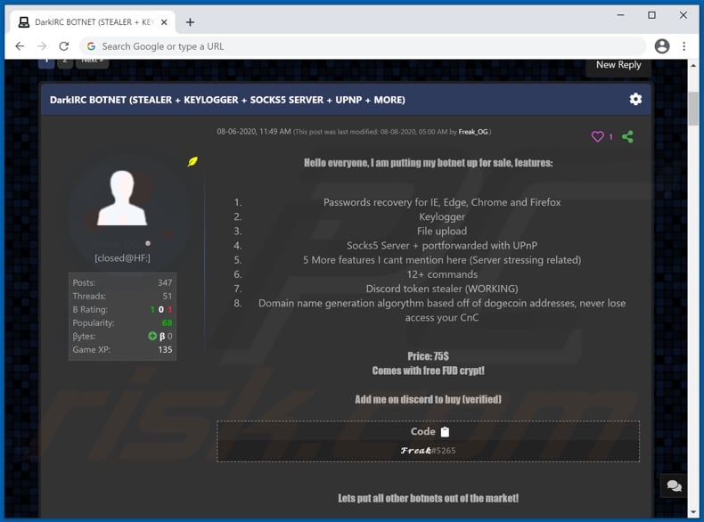 DarkIRC malware promoted online
