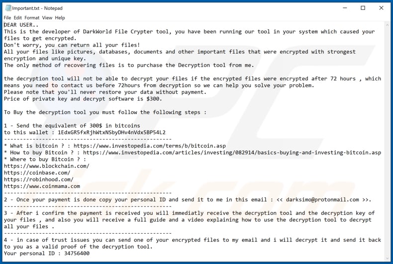 DarkWorld File Crypter ransomware ransom note (Important.txt)