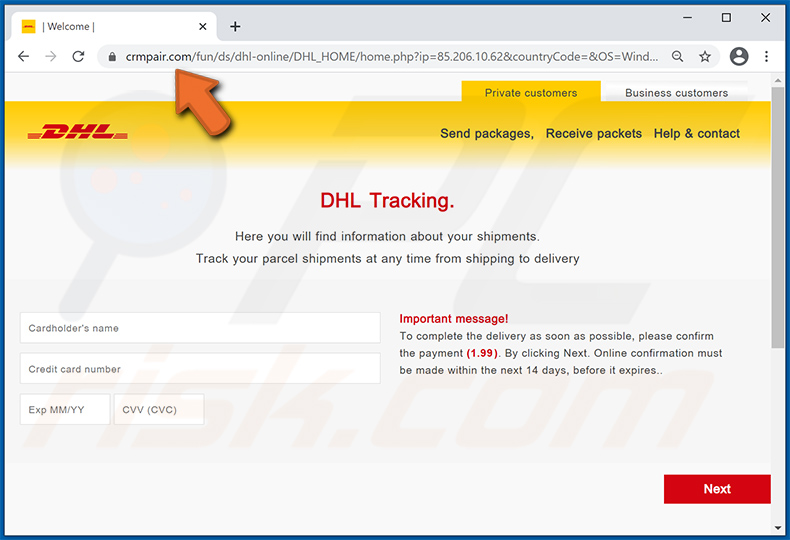 DHL-themed phishing website (2021-02-23 - crmpair.com)