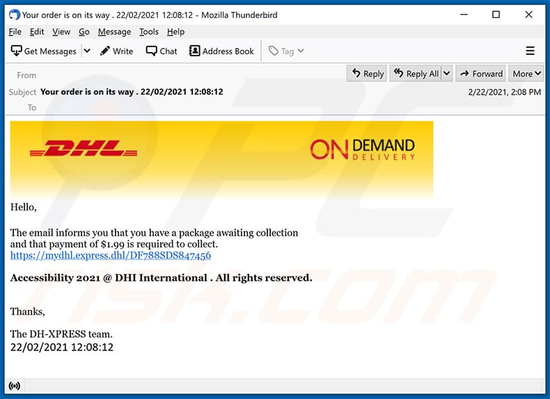 DHL-themed spam email promoting a phishing website (2021-02-23)