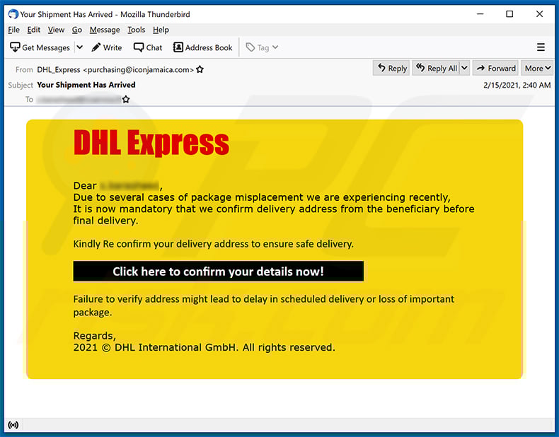 DHL Express spam email promoting a phishing site (2021-02-18)