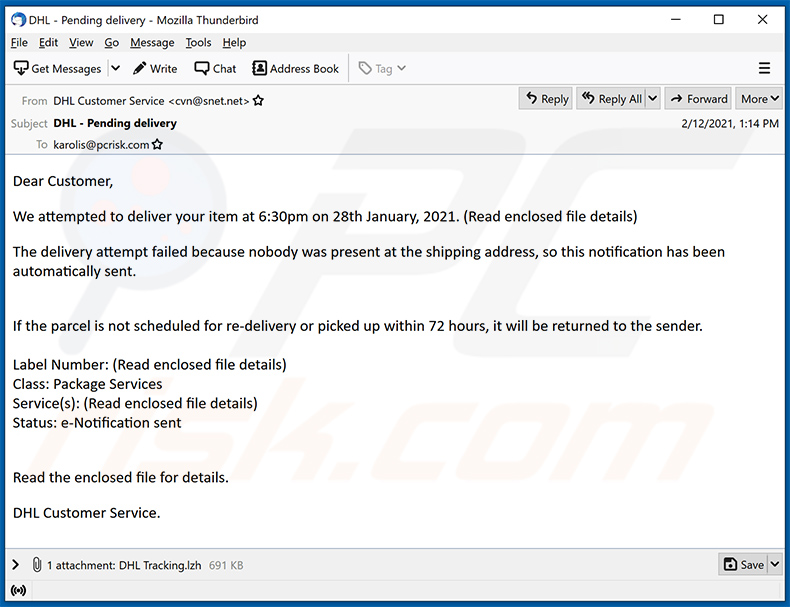 DHL Failed Delivery Notification spam email (2021-02-15)