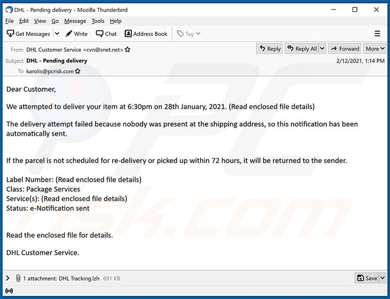 DHL Failed Delivery Notification spam email (2021-02-15)