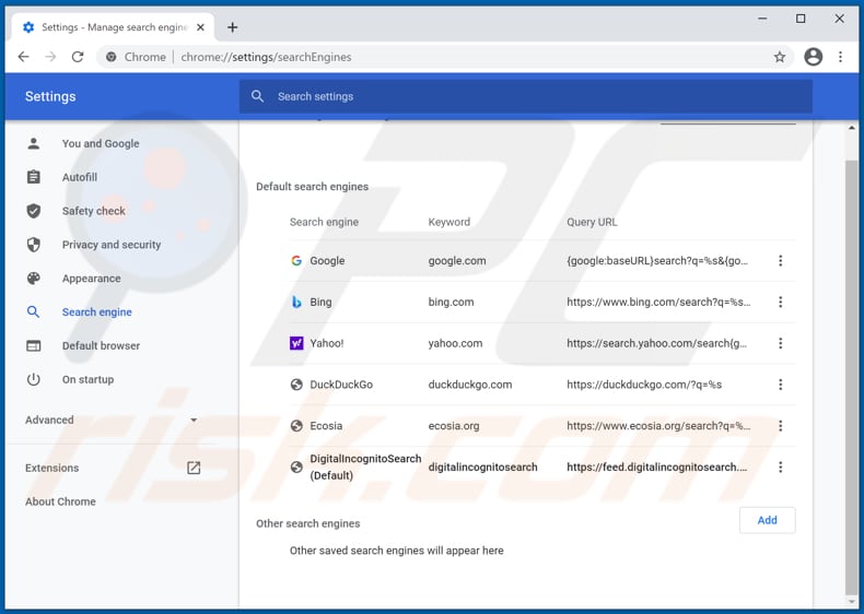 Removing digitalincognitosearch.com from Google Chrome default search engine