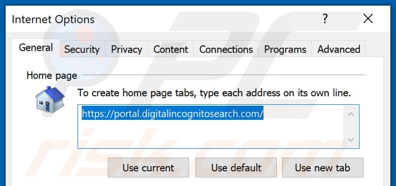 Removing digitalincognitosearch.com from Internet Explorer homepage