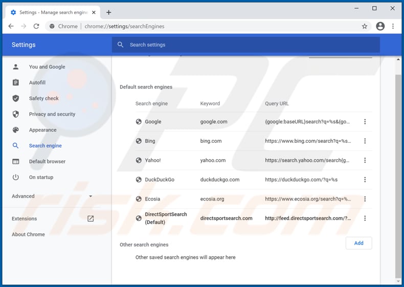 Removing directsportsearch.com from Google Chrome default search engine