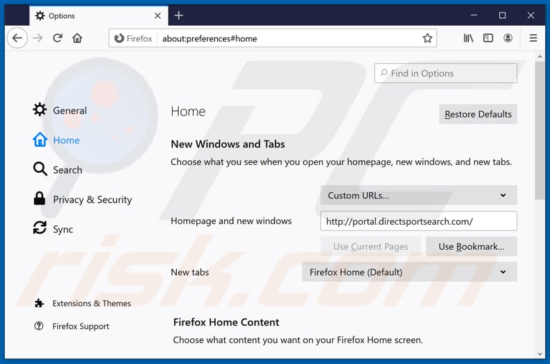 Removing directsportsearch.com from Mozilla Firefox homepage