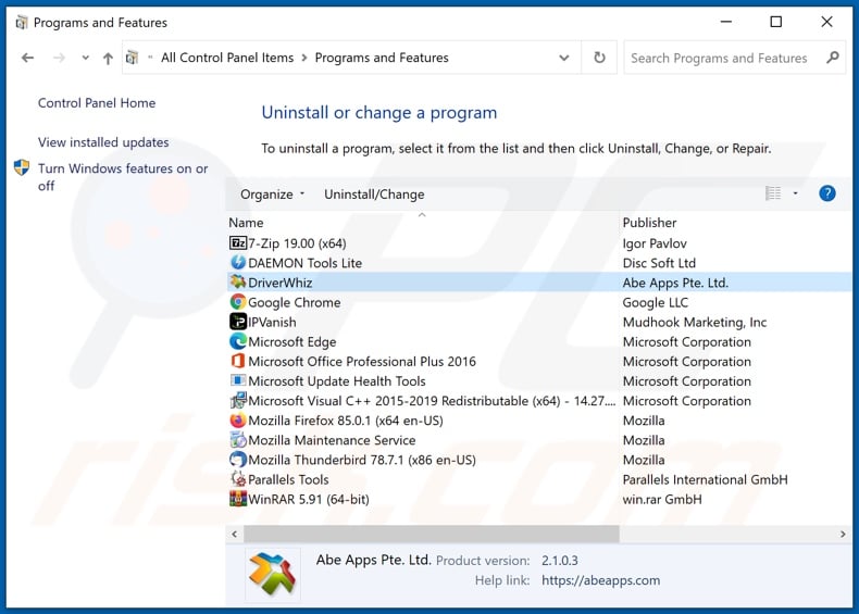 Driver Whiz adware uninstall via Control Panel