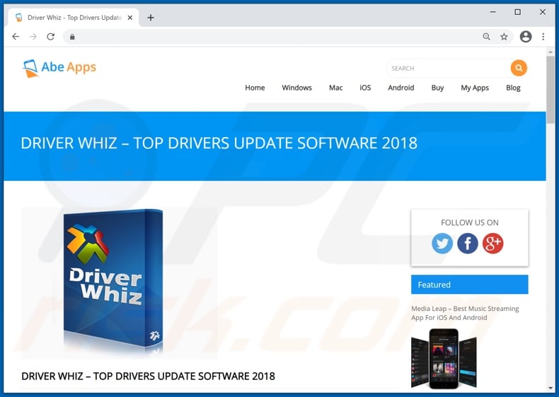 Website used to promote Driver Whiz PUA