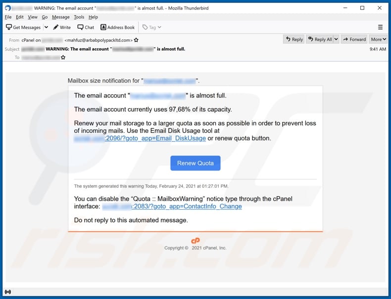 Email Account Is Almost Full email spam campaign
