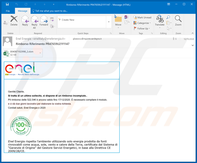 Enel email virus malware-spreading email spam campaign