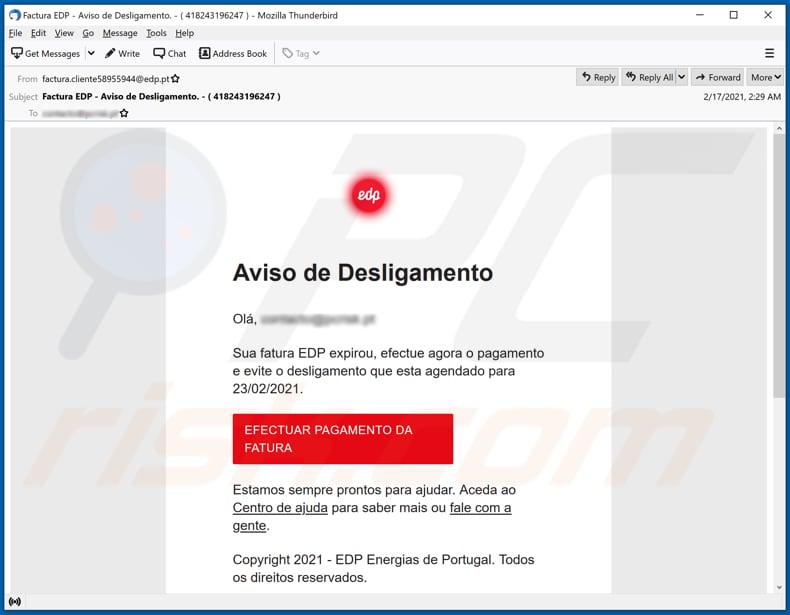 Energias de Portugal (EDP) email virus malware-spreading email spam campaign