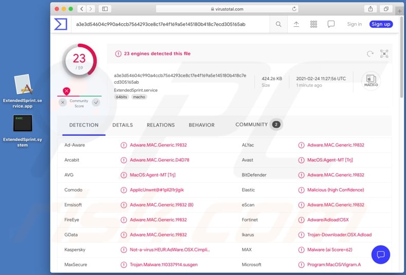 ExtendedSprint adware detections on VirusTotal