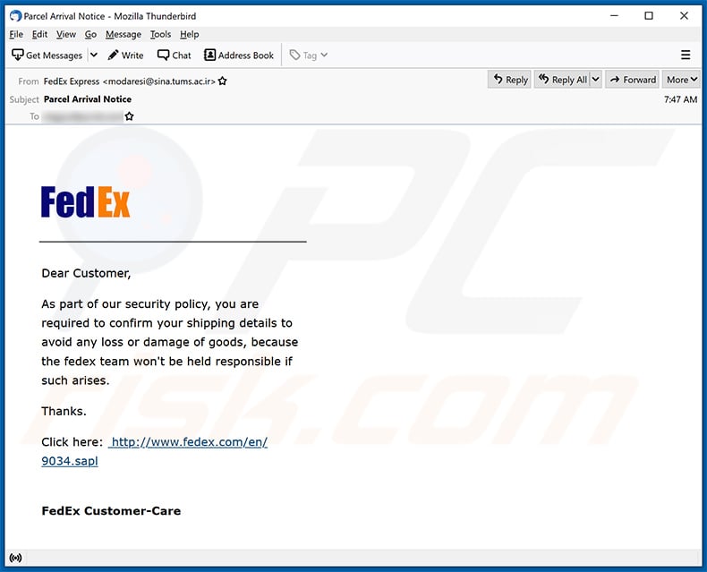 FedEx Shipment spam email used for phishing purposes (2021-02-18)