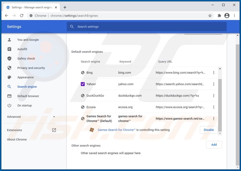 Removing games-search.net from Google Chrome default search engine