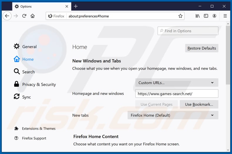 Removing games-search.net from Mozilla Firefox homepage