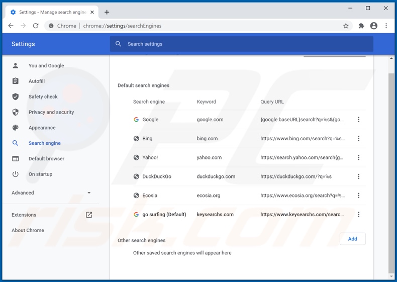 Removing keysearchs.com from Google Chrome default search engine