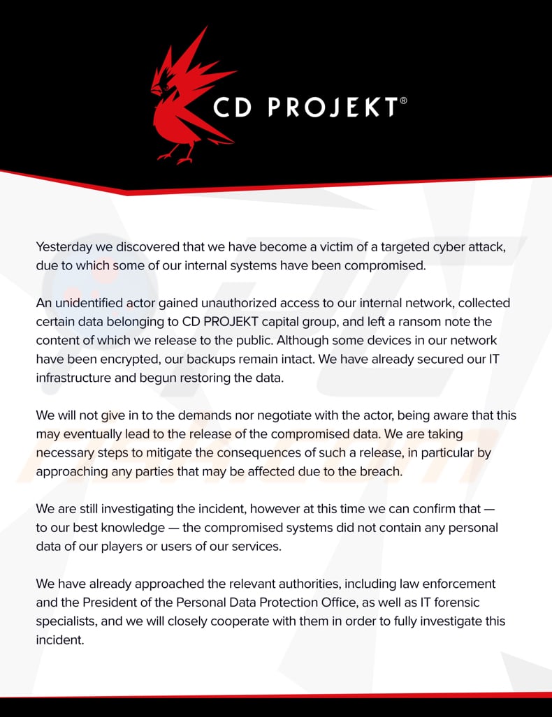 hellokitty ransomware announcement from cd project