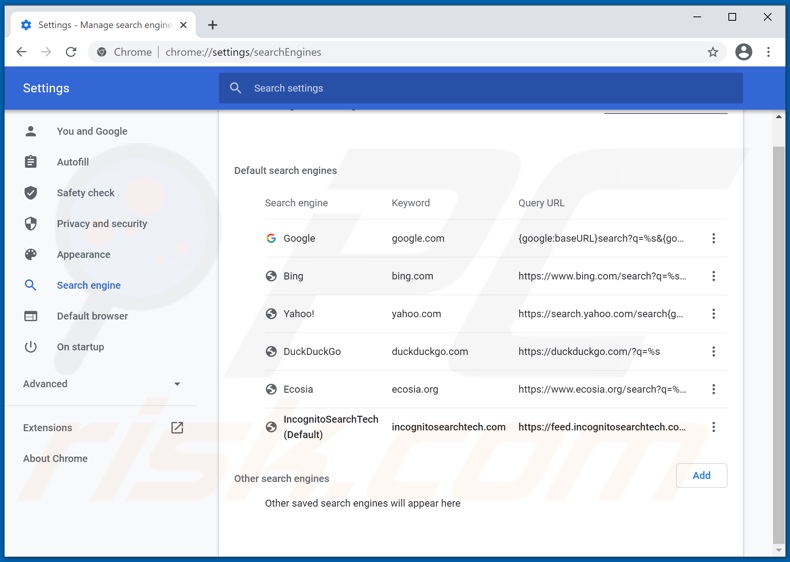 Removing incognitosearchtech.com from Google Chrome default search engine