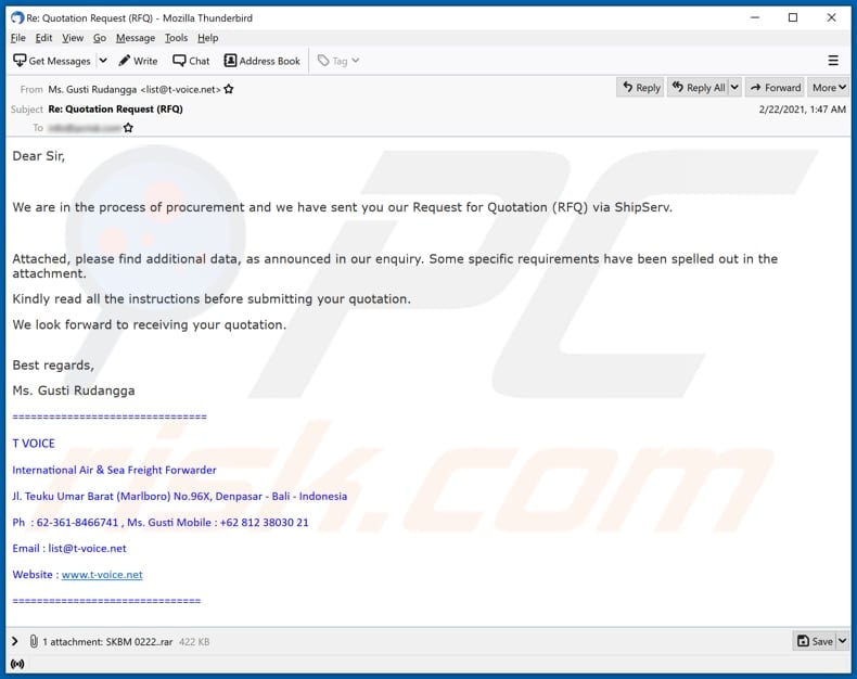 International Air & Sea Freight Forwarder email virus malware-spreading email spam campaign