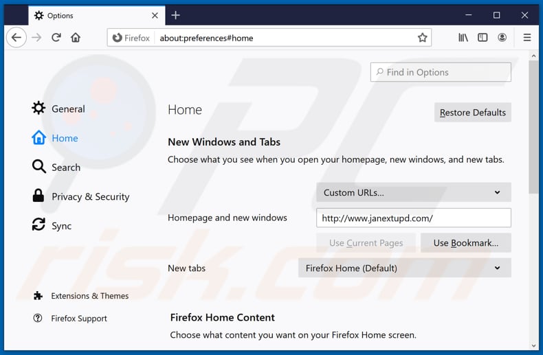 Removing janextupd.com from Mozilla Firefox homepage