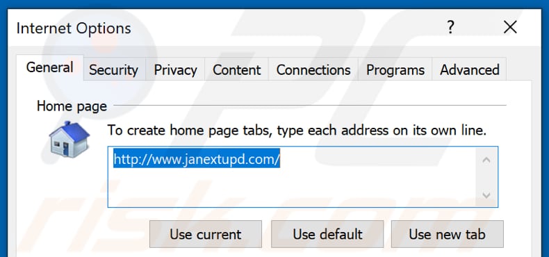 Removing janextupd.com from Internet Explorer homepage