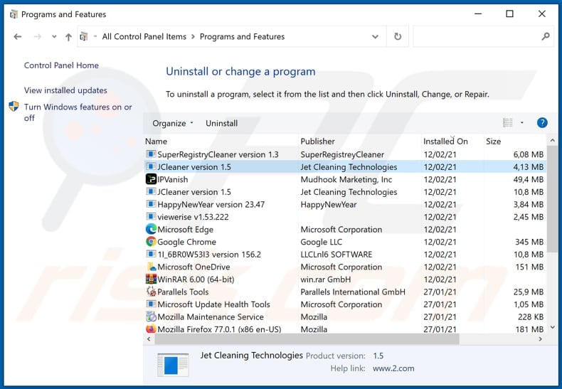 JCleaner adware uninstall via Control Panel