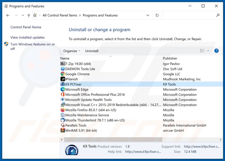 K9-PCFixer adware uninstall via Control Panel
