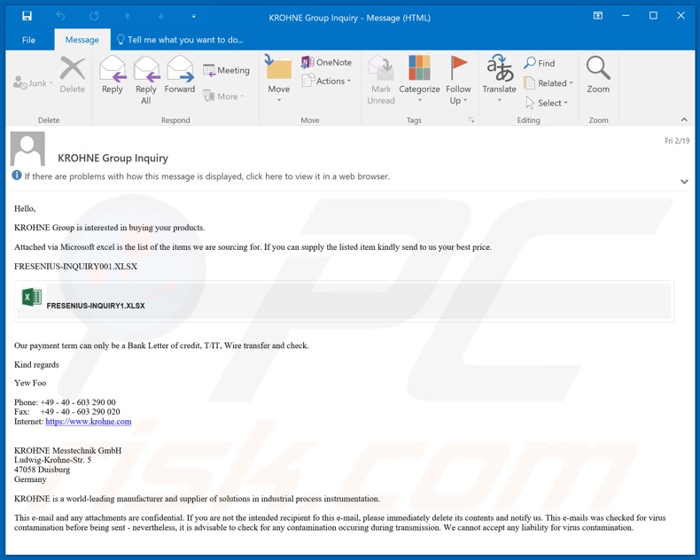 KROHNE malware-spreading email spam campaign