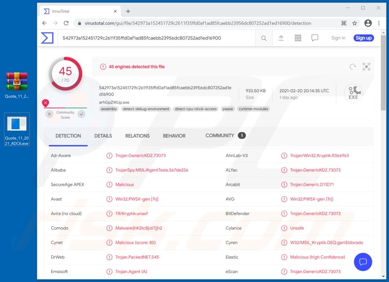 KROHNE email virus malicious attachment detections (Quote_11_2021_ADC6.exe - filename)