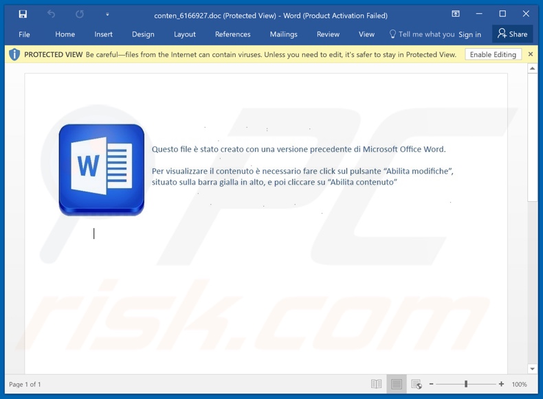 Malicious attachment distributed through Ministero dello Sviluppo Economico spam campaign (conten_6166927.doc filename)