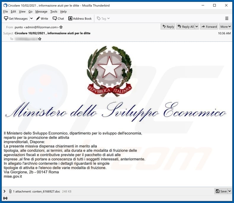 Ministero dello Sviluppo Economico malware-spreading email spam campaign